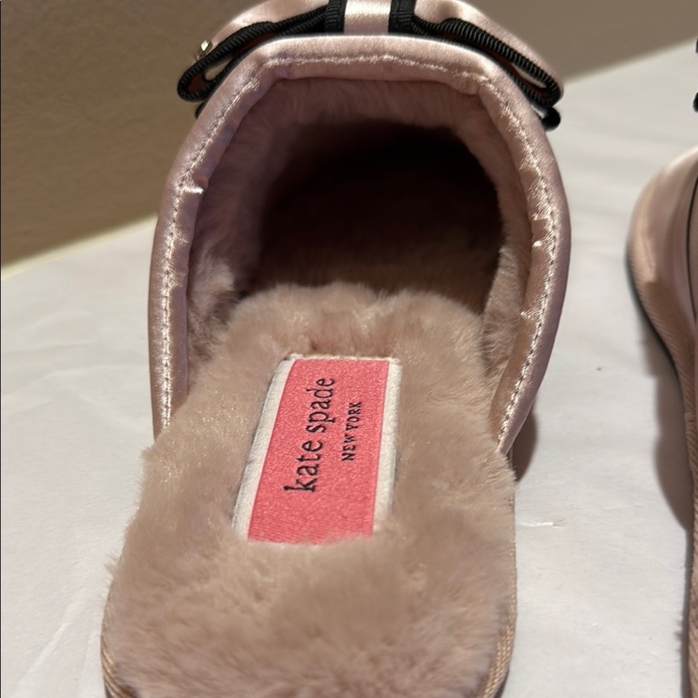 NWOT Kate Spade Pink and Black Slippers with Bow Detail and Faux Fur - Picture 6 of 14